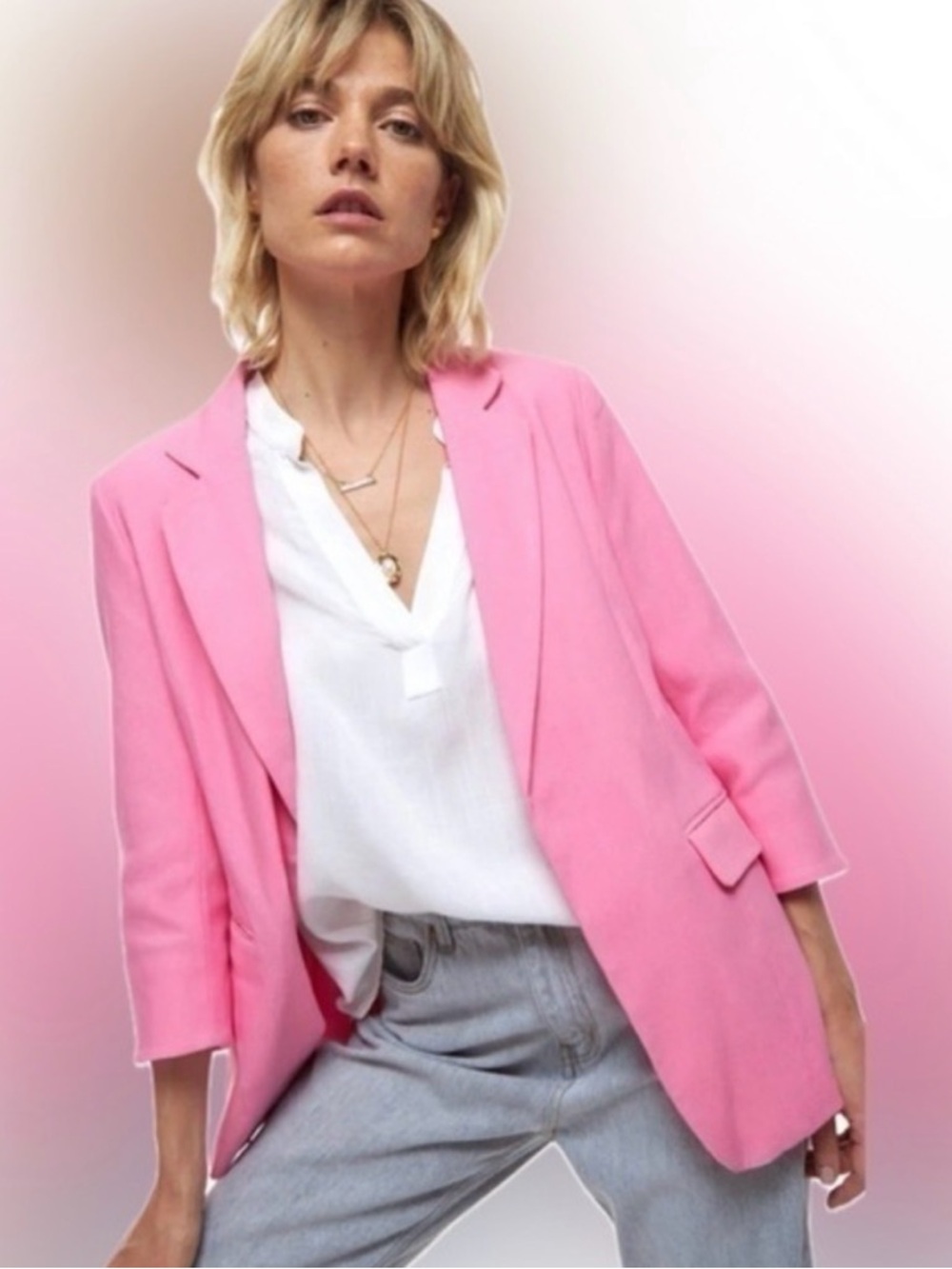 Lolita Caroline Open Front 3/4 Sleeve Oversized Blazer in Bubblegum Barbie Pink - Picture 2 of 5